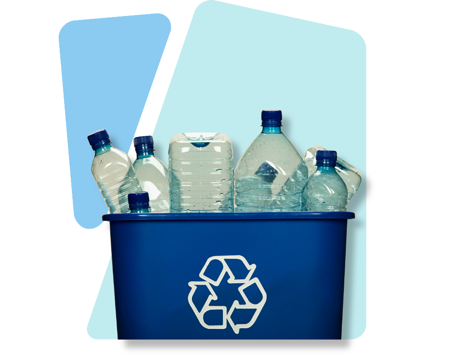 A blue recycling bin filled with plastic bottles ready for recycling