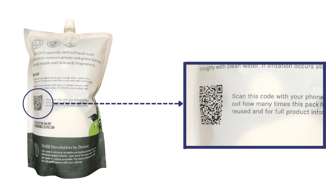 A Bower Collective refill pouch with a scannable QR code that tracks how many times the pack has been reused