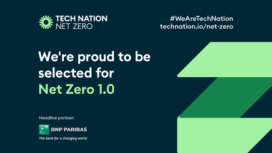 A Tech Nation Net Zero 1.0 announcement banner on a dark navy background with a green ribbon Z graphic